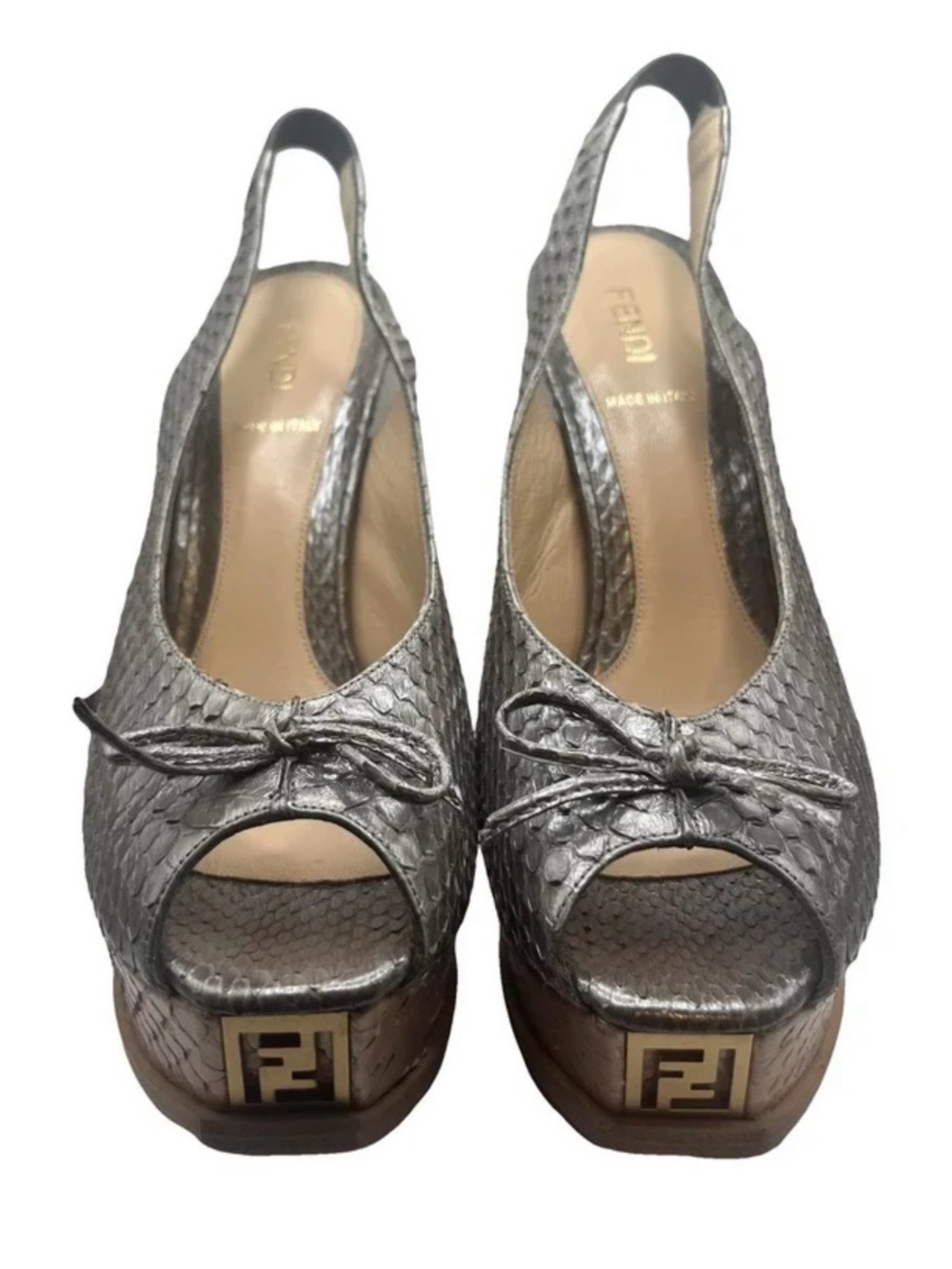 Fendi Silver Textured Peep-Toe Slingback Heels